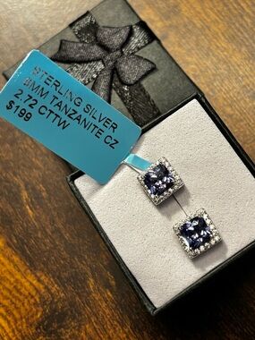 Sterling Silver Tanzanite CZ Square Halo Earrings - Blue